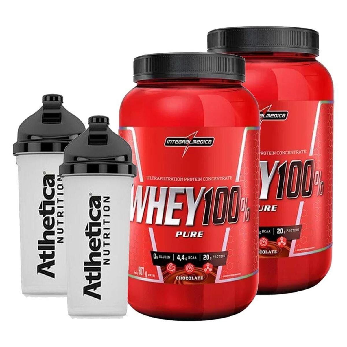 Kit_2x Super Whey Protein 100% Pure 907g IntegralMédica + 2x Coqueteleira blender 700ml